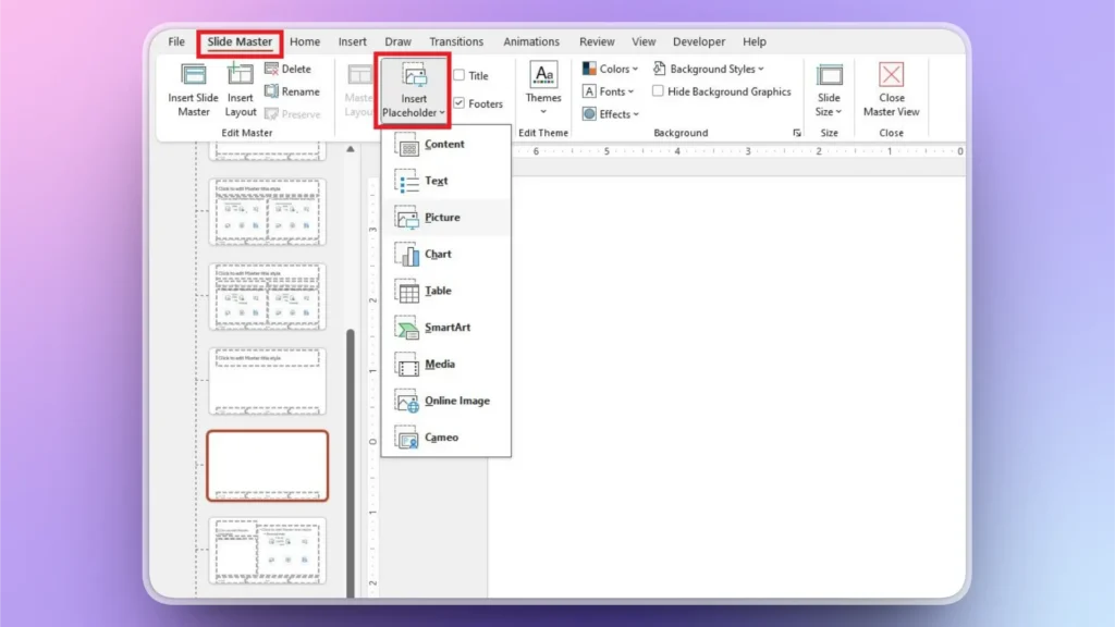 Screenshot of PowerPoint Slide Master tab with Insert Placeholder dropdown menu expanded.