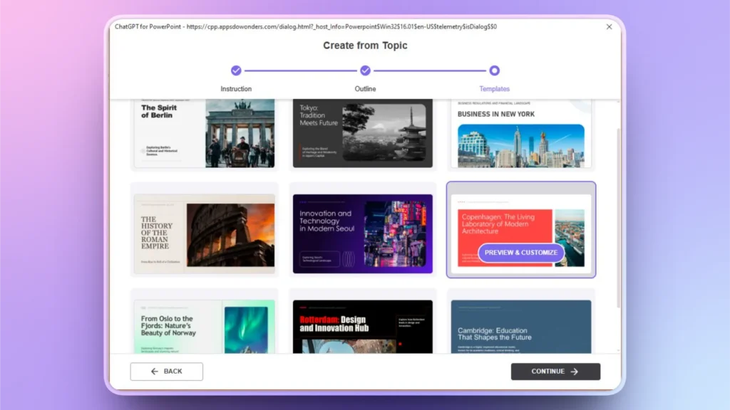 User interface displaying various PowerPoint presentation templates with city and historical themes.