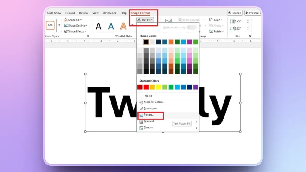 Screenshot of a software interface showing text formatting options with the "Shape Format" and "Picture" menu highlighted.