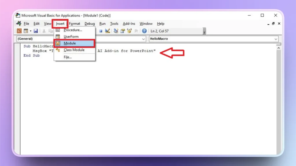 Screenshot of Microsoft Visual Basic for Applications editor with Insert menu open, highlighting the Module option.