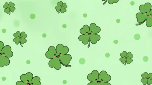 Pattern of green four-leaf clovers with smiling faces on a light green background with dots.
