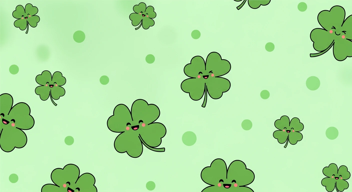 Pattern of green four-leaf clovers with smiling faces on a light green background with dots.