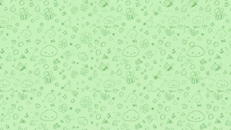Seamless pattern of green hand-drawn bees, flowers, clouds, and stars on light green background.