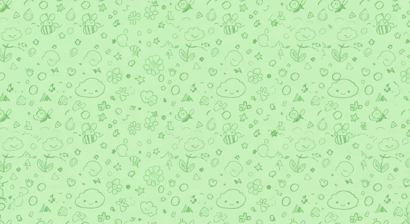 Seamless pattern of green hand-drawn bees, flowers, clouds, and stars on light green background.