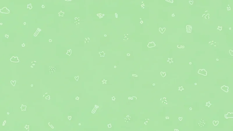 Light green background with scattered white line art of hearts, stars, clouds, and test tubes.