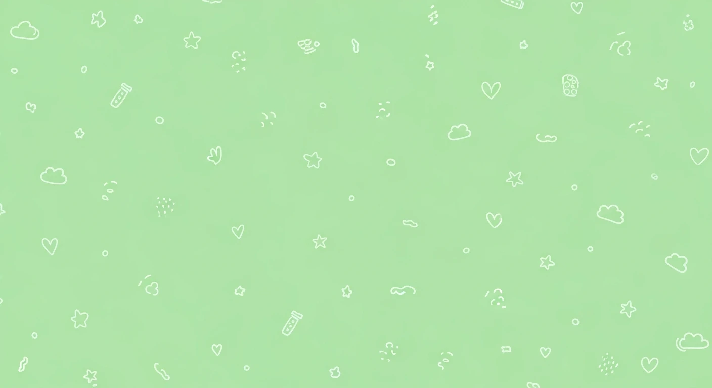 Light green background with scattered white line art of hearts, stars, clouds, and test tubes.