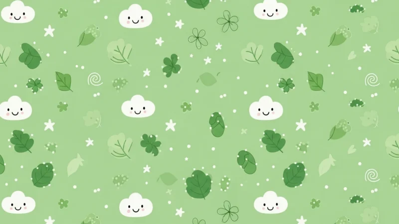 Seamless pattern with smiling white clouds, various green leaves, and small white stars on a light green background.