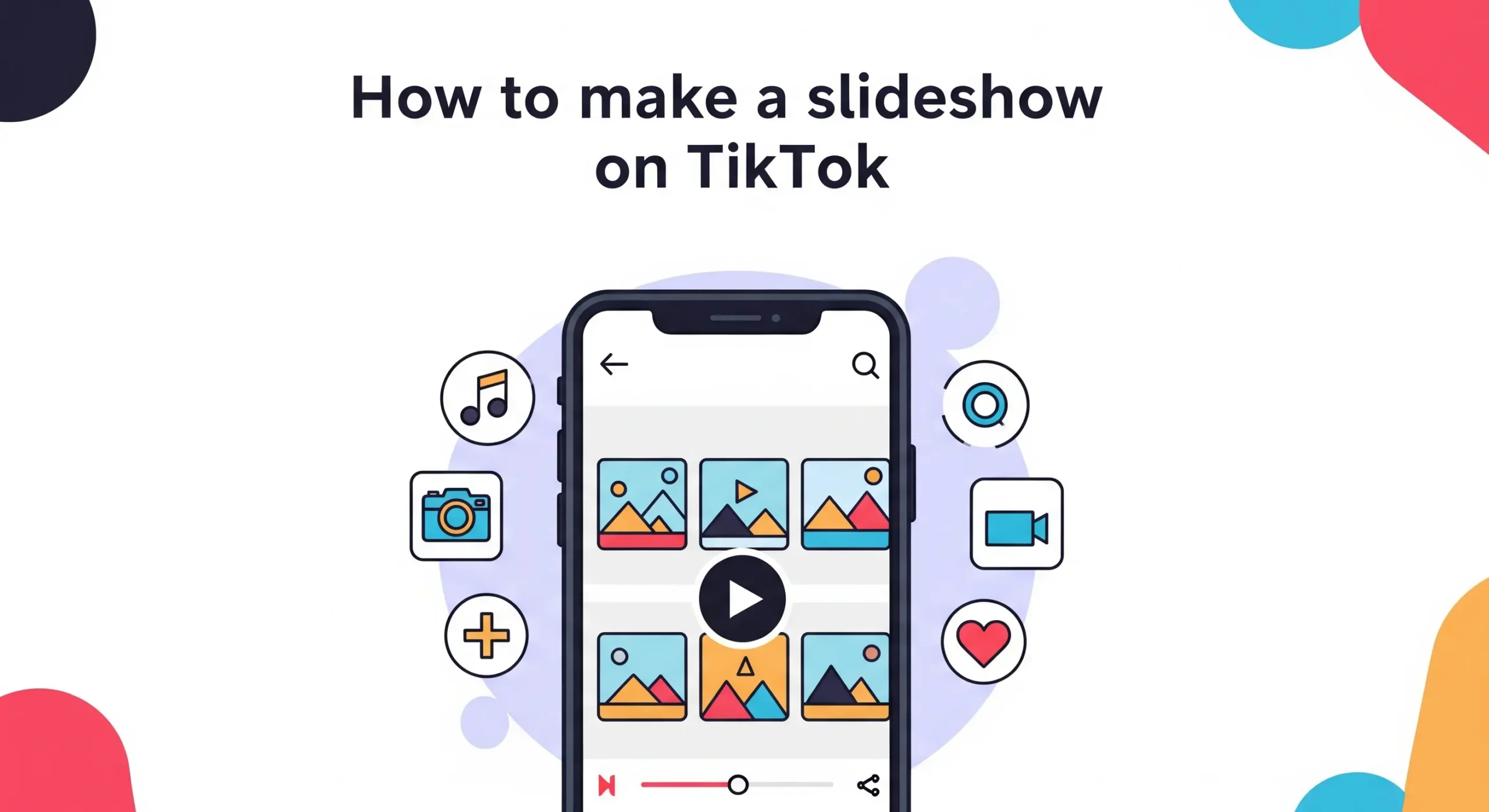 Illustration of a smartphone screen displaying a photo slideshow interface with icons for music, camera, video, and sharing.