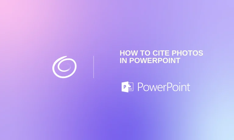 Gradient purple and pink background with white text "How to Cite Photos in PowerPoint" and PowerPoint logo.