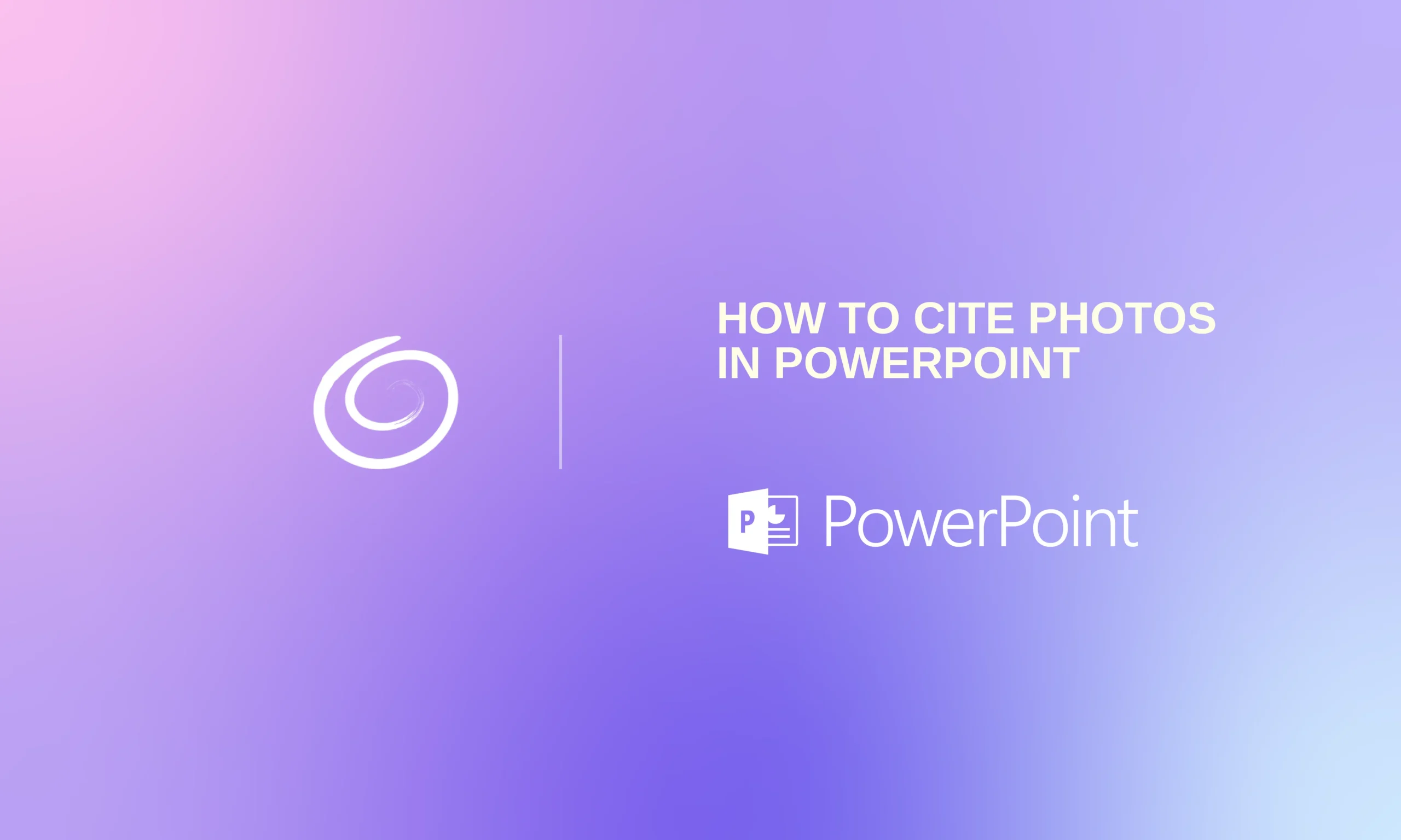Gradient purple and pink background with white text "How to Cite Photos in PowerPoint" and PowerPoint logo.