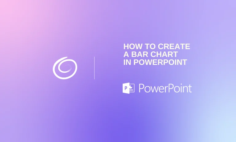 Gradient purple and pink background with text "How to create a bar chart in PowerPoint" and PowerPoint logo.