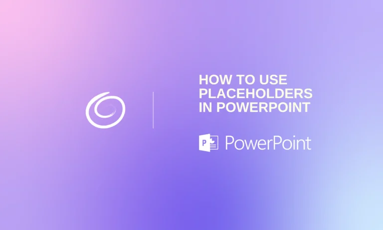 Gradient purple and pink background with white text "How to use placeholders in PowerPoint" and PowerPoint logo.