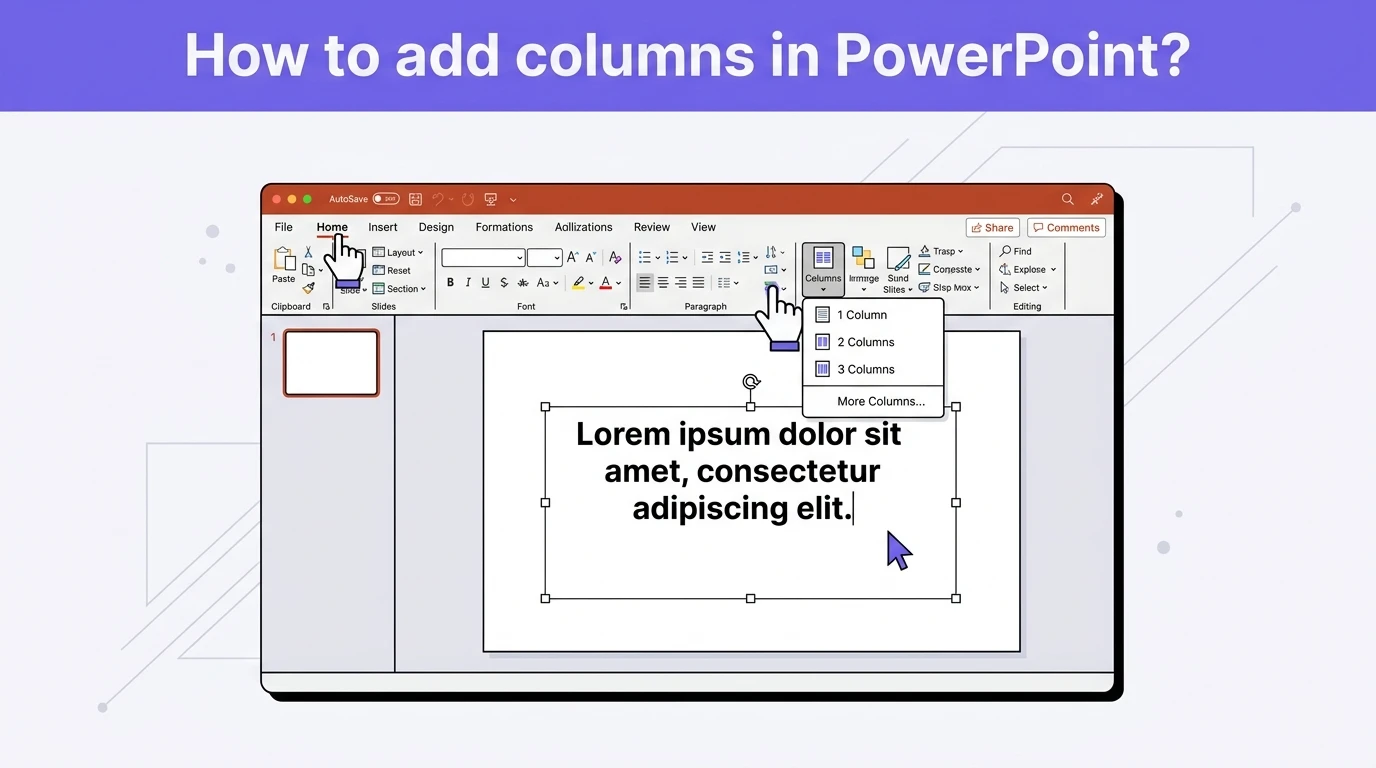 Screenshot of PowerPoint interface showing steps to add columns in a text box with menu options.