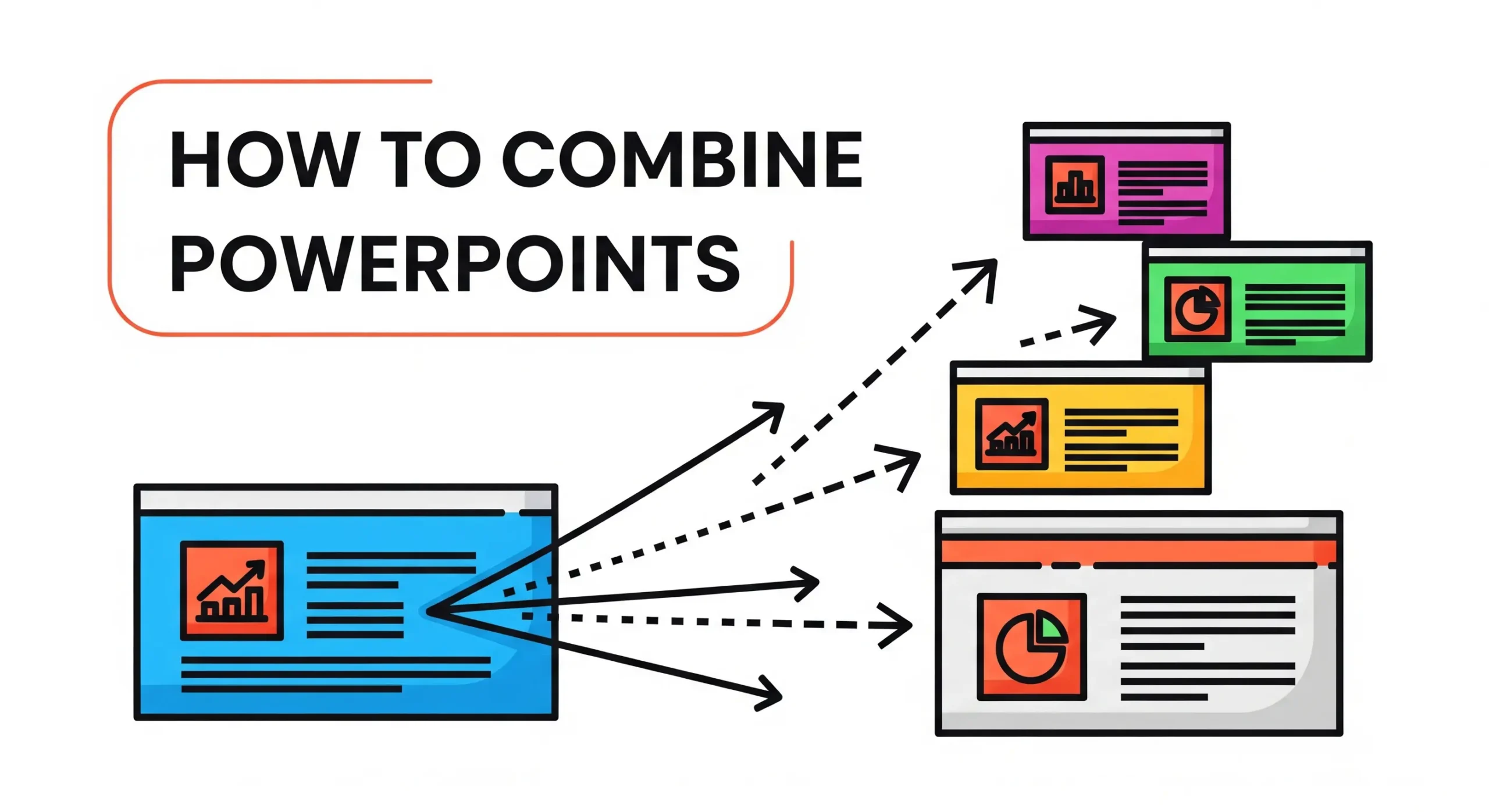 Illustration showing a blue slide splitting into multiple colorful PowerPoint slides.