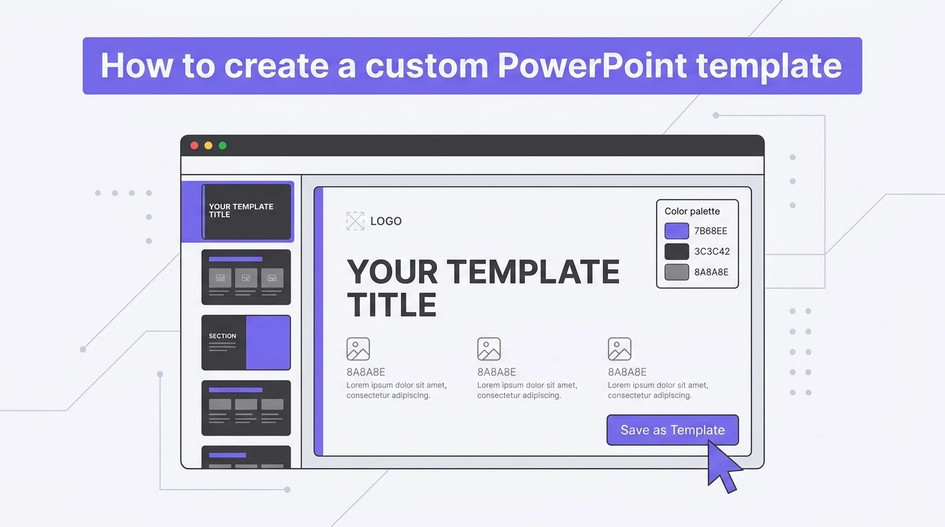 Screenshot of a PowerPoint interface with a custom template titled "YOUR TEMPLATE TITLE" and a visible "Save as Template" button.