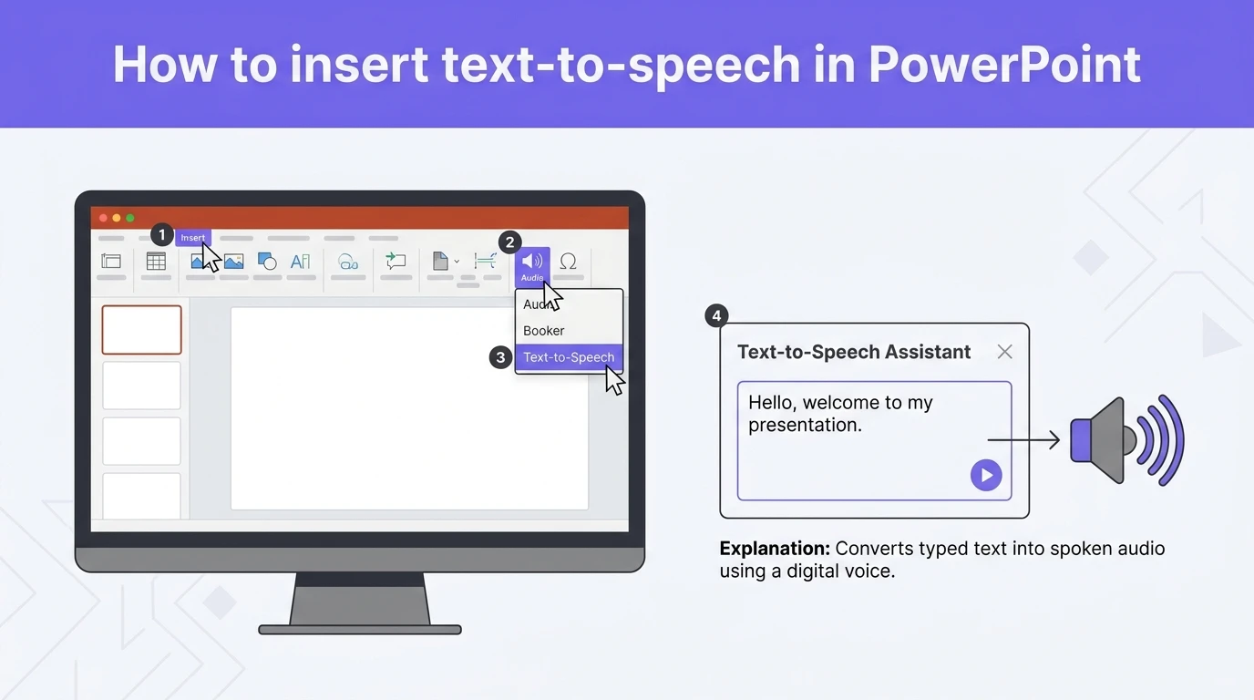 Screenshot of PowerPoint interface showing steps to insert text-to-speech with purple highlighted menu options.
