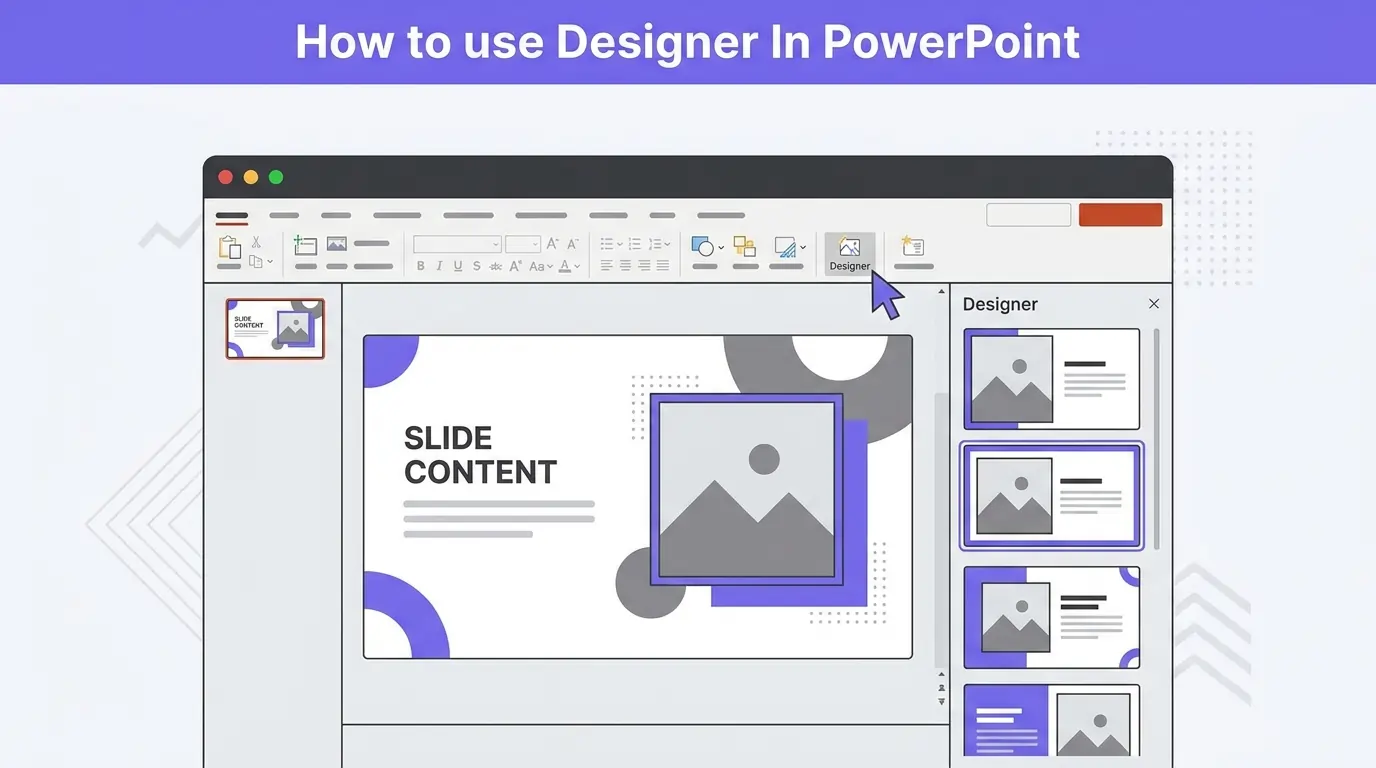 Screenshot of PowerPoint interface demonstrating how to use the Designer feature with slide content and design suggestions.