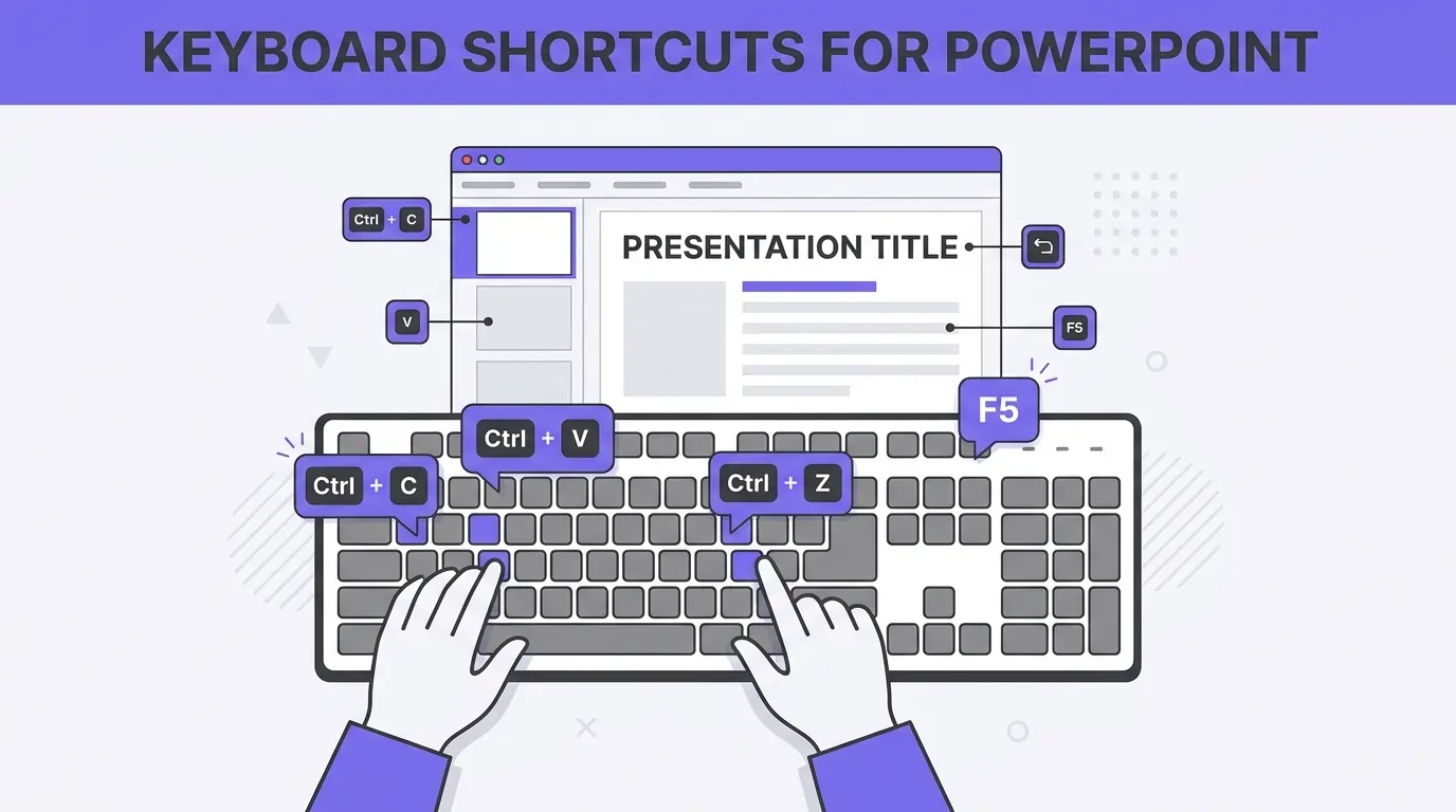 Illustration of keyboard shortcuts for PowerPoint with hands on keyboard and presentation window.