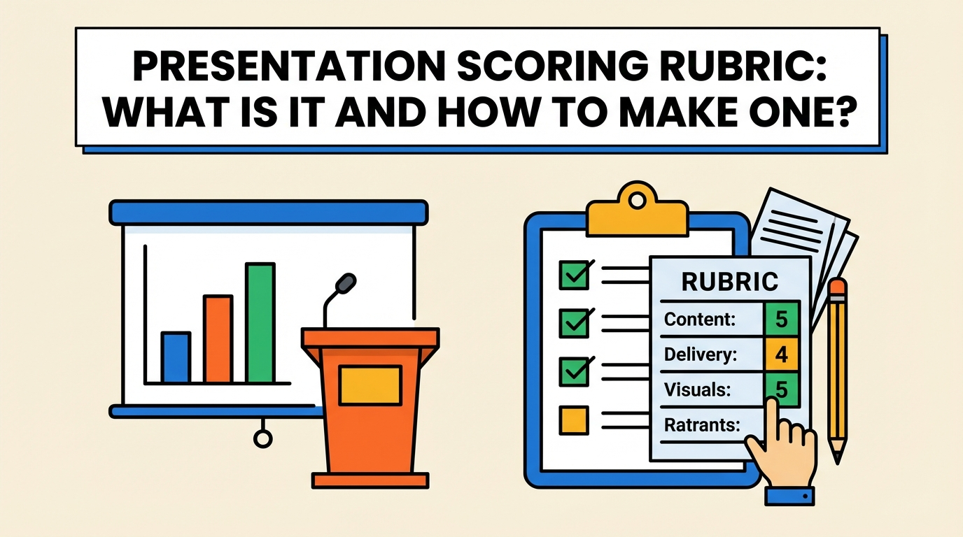 Illustration of a presentation setup with a scoring rubric and checklist on clipboard.