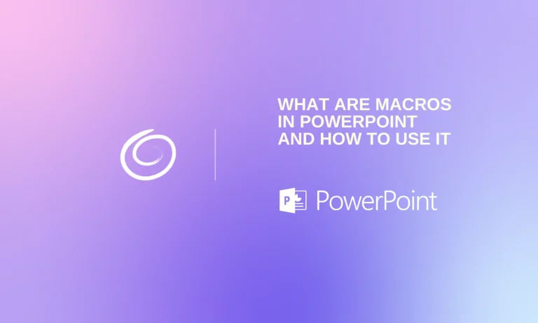 Gradient purple and pink background with text "What are macros in PowerPoint and how to use it" and PowerPoint logo.