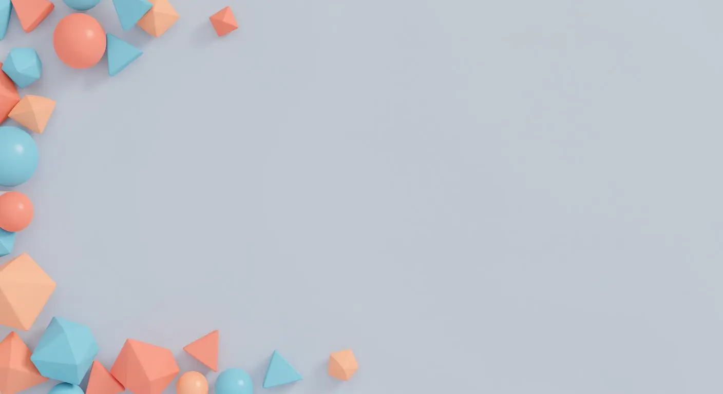 Pastel-colored geometric shapes in blue, peach, and coral arranged on a light gray background.