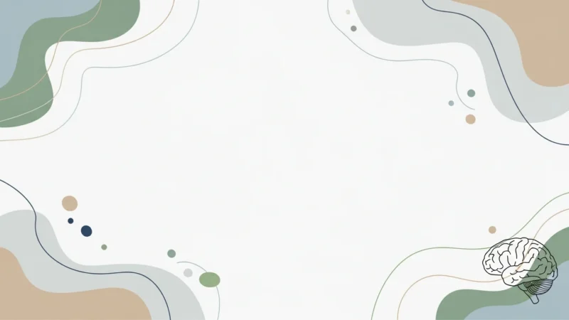 aesthetic psychology background for powerpoint 2.092Z Abstract background with organic shapes in muted green, beige, and gray tones, and a small brain illustration in the bottom right corner.