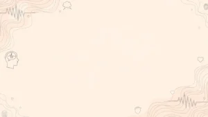 Minimalist beige background with abstract heart, brain, and heartbeat line illustrations.