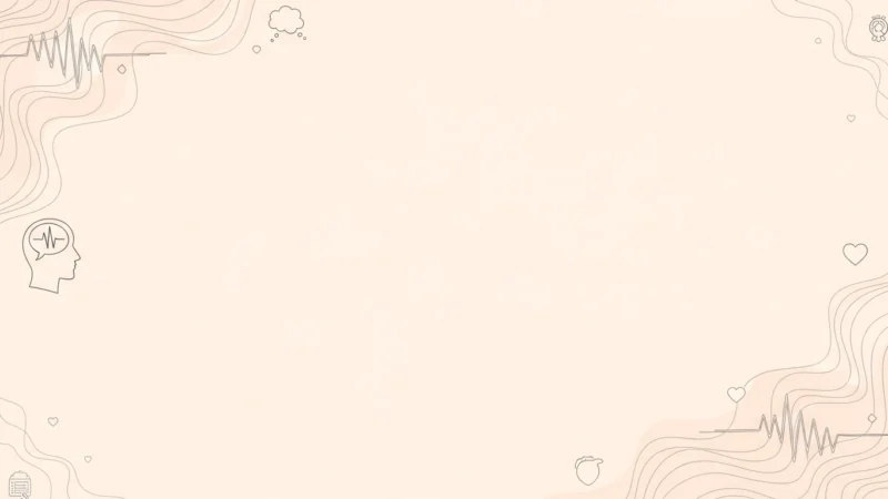 Minimalist beige background with abstract heart, brain, and heartbeat line illustrations.