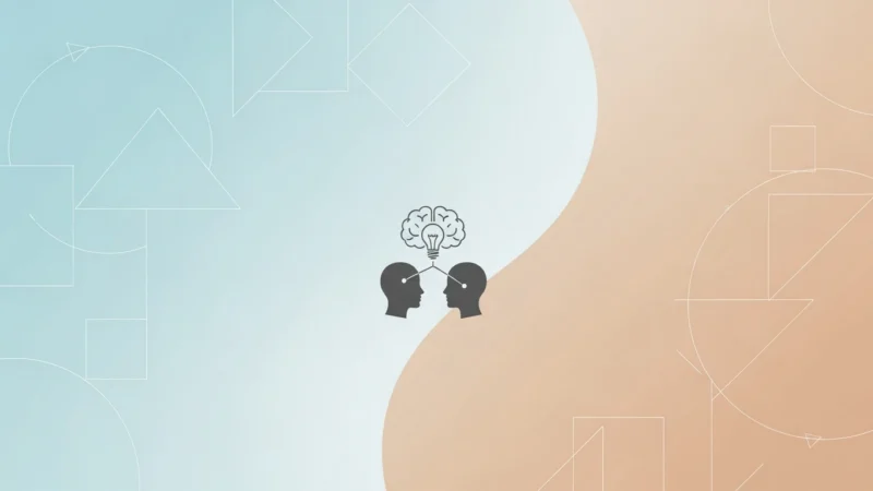 aesthetic psychology background for powerpoint.457Z Silhouettes of two human heads facing each other with a shared brain and light bulb icon.