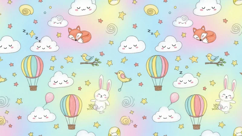 lindo fondo para powerpoint 1.798Z Pastel-colored seamless pattern featuring clouds, stars, hot air balloons, animals, and birds.