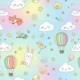Pastel-colored seamless pattern featuring clouds, stars, hot air balloons, animals, and birds.