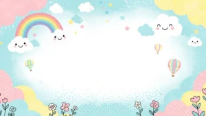Pastel-colored whimsical sky with smiling clouds, rainbow, hot air balloons, stars, and flowers.