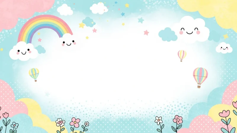 lindo fondo para powerpoint 2.028Z Pastel-colored whimsical sky with smiling clouds, rainbow, hot air balloons, stars, and flowers.