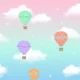 Illustration of colorful hot air balloons floating among white clouds in a pastel sky.