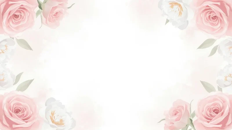 Soft pink and white roses with green leaves framing a white background.