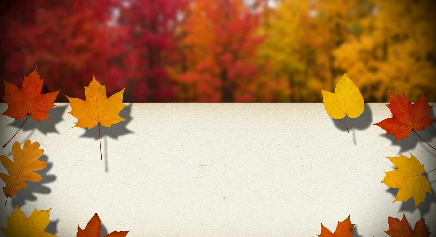 Blank textured paper with autumn leaves in red, orange, and yellow surrounding the edges.