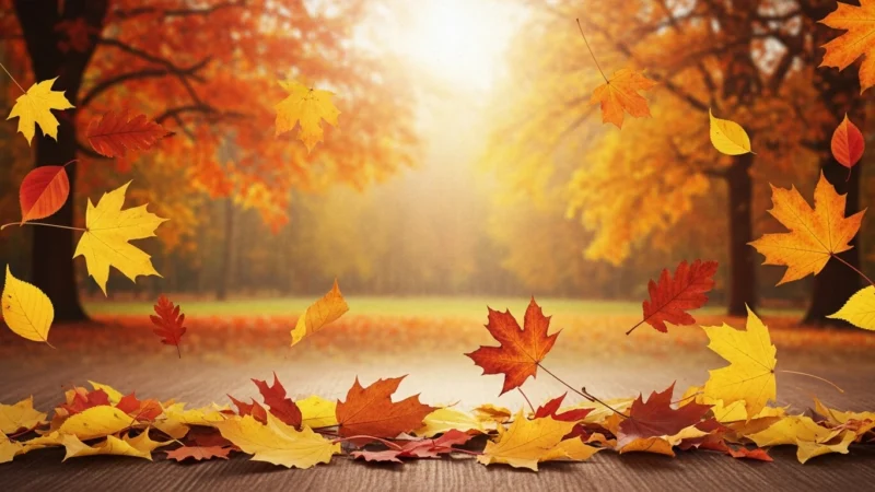 otoño powerpoint fondo 2.027Z Autumn scene with yellow, orange, and red leaves falling and scattered on a wooden surface.