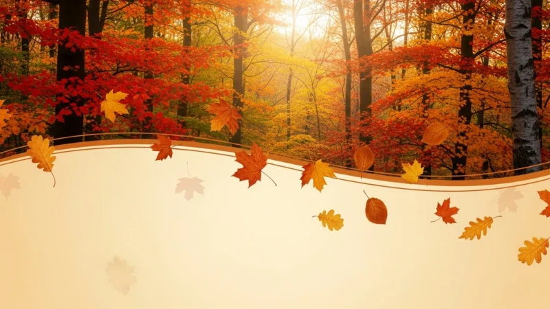 Autumn forest with vibrant red, orange, and yellow leaves and falling foliage over beige background.