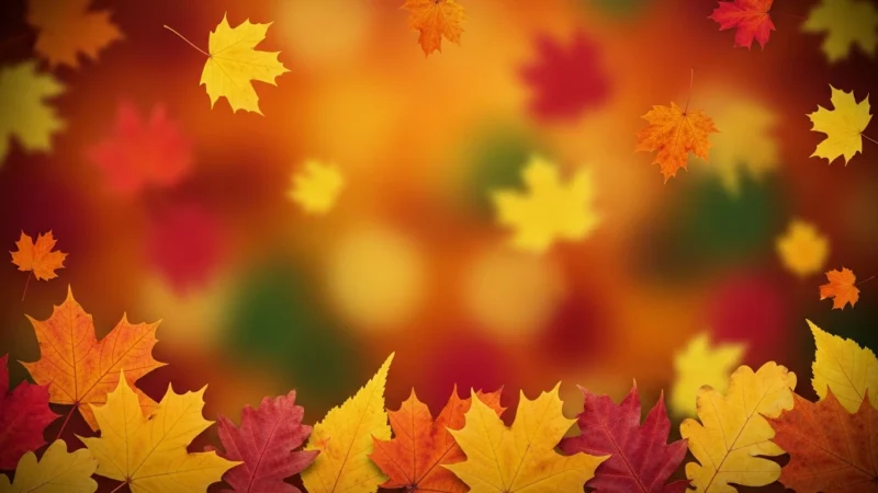otoño powerpoint fondo.100Z Autumn-themed image with red, yellow, and orange maple leaves on blurred warm background.