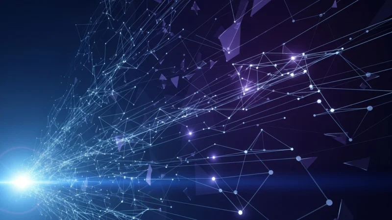 futuristic powerpoint background technology 1.568Z Abstract digital network of interconnected glowing nodes and lines on dark blue background.