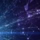 Abstract digital network of interconnected glowing nodes and lines on dark blue background.