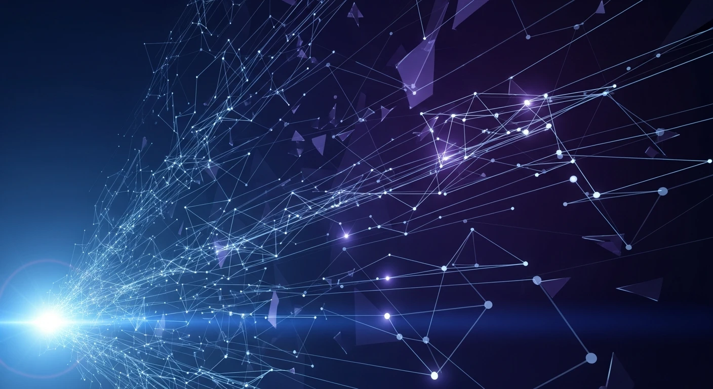 Abstract digital network of interconnected glowing nodes and lines on dark blue background.