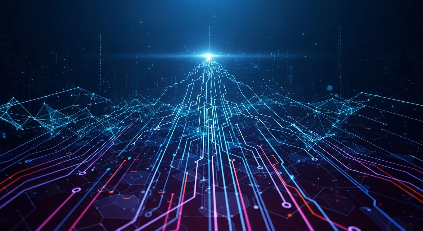 Abstract digital background with glowing blue and purple circuit lines converging to light.