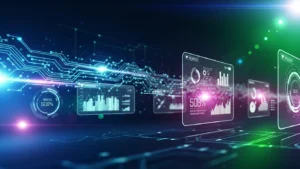 Futuristic digital interface with glowing charts, graphs, and circuit-like connections in blue and green tones.
