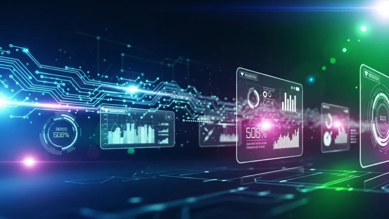 Futuristic digital interface with glowing charts, graphs, and circuit-like connections in blue and green tones.