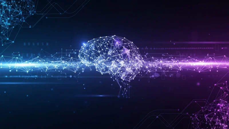 futuristic powerpoint background technology.075Z Digital illustration of a neural network brain with blue and purple connected nodes and lines.