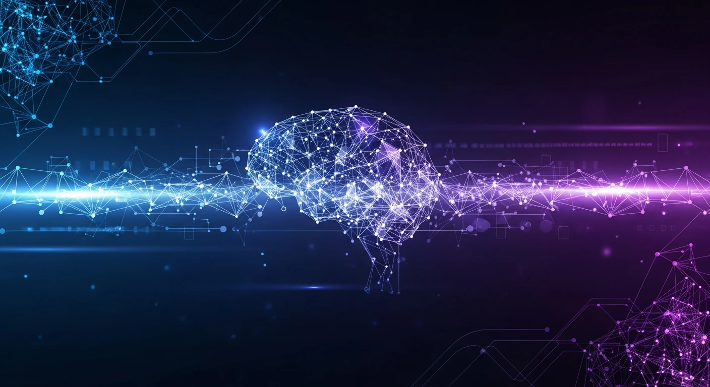 Digital illustration of a neural network brain with blue and purple connected nodes and lines.