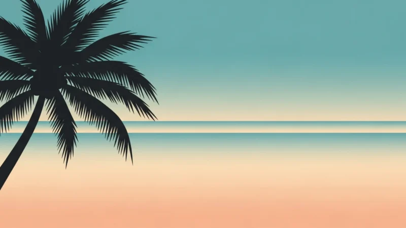 Silhouette of a palm tree against a gradient sky and calm ocean horizon at sunset.