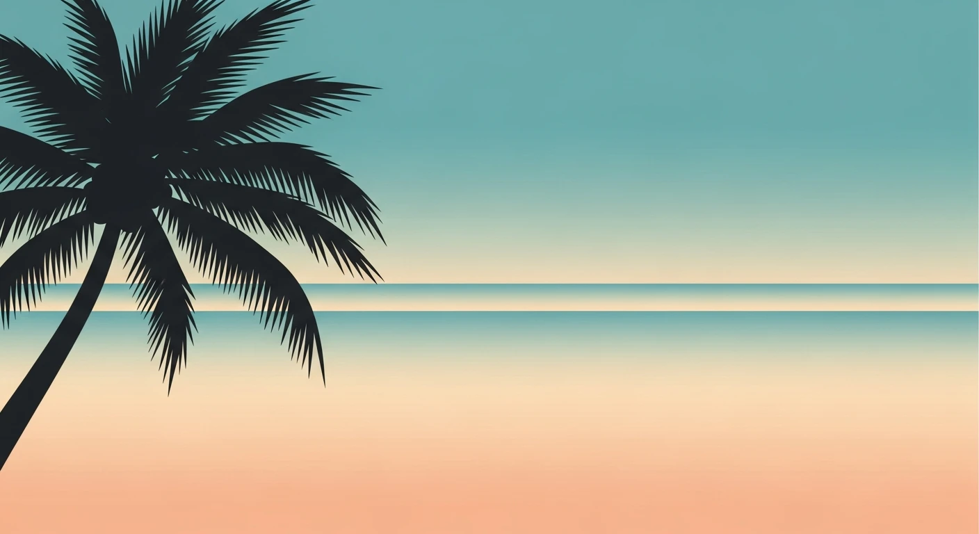 Silhouette of a palm tree against a gradient sky and calm ocean horizon at sunset.
