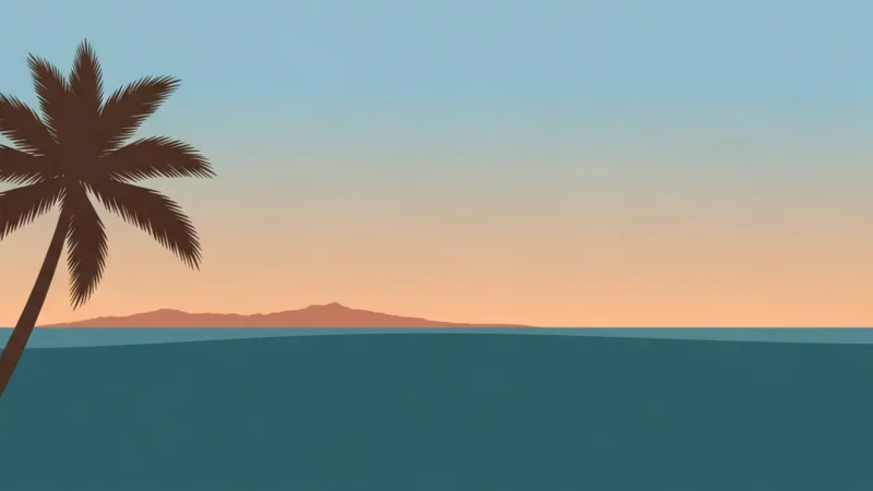 Silhouette of a palm tree by the ocean with distant mountains under a pastel sunset sky.